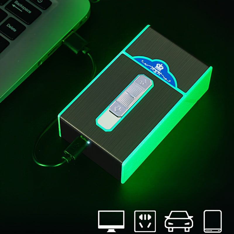 Creative Luminous Cigarette Case with USB Rechargeable Flameless Lighter, For 84mm regular size and 100mm slim