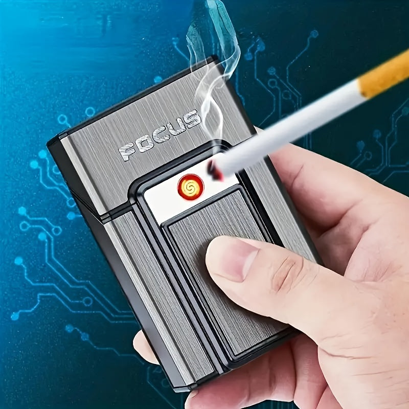 1-Pack 20pcs Cigarette Capacity Cigarette Box Lighter, Aluminum Cigarette Case with USB Rechargeable Lighter