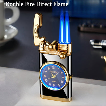 (Butane Gas Not Included)  Windproof Double Blue Flame Lighter, Butane Refillable Lighter with Adjustable Flame