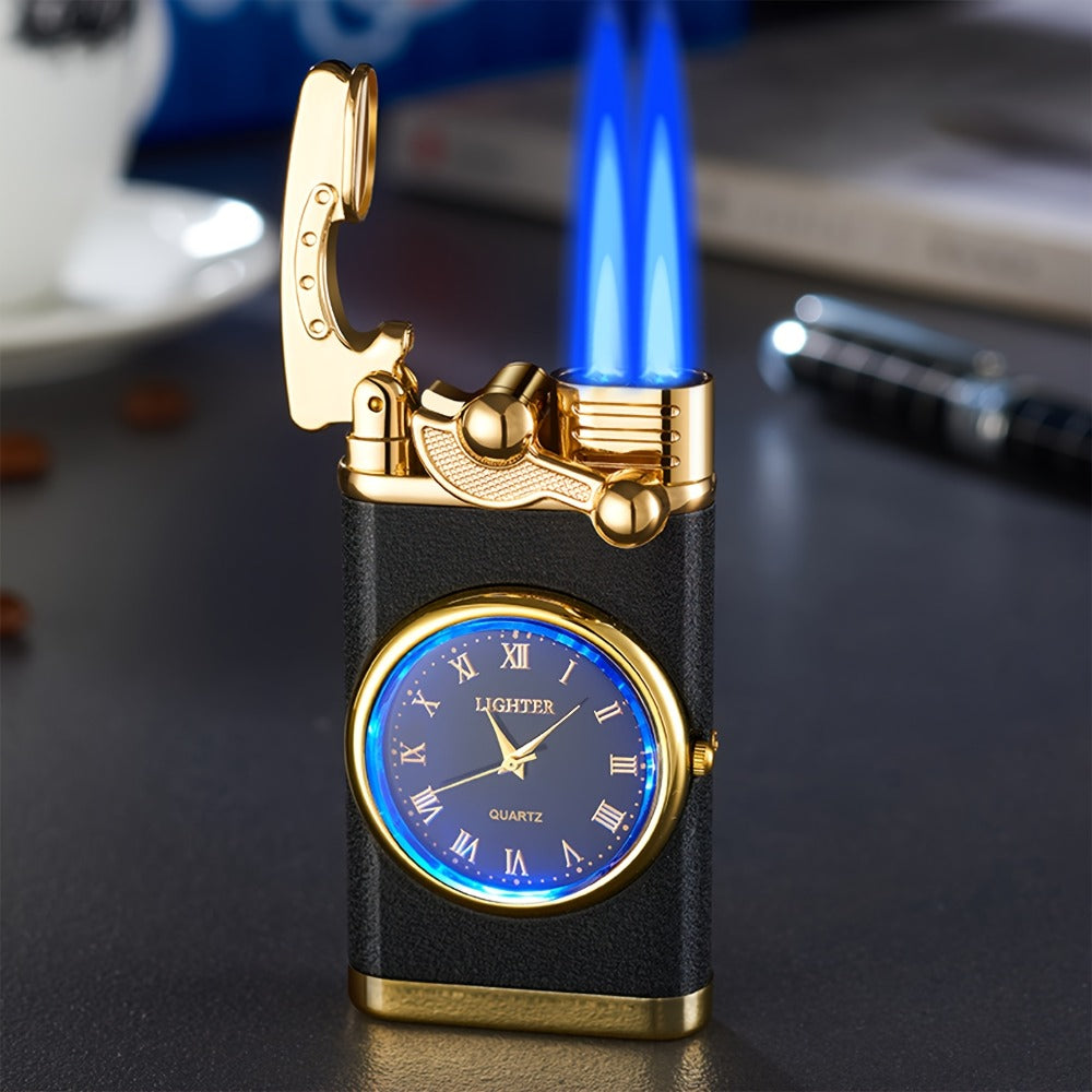 (Butane Gas Not Included)  Windproof Double Blue Flame Lighter, Butane Refillable Lighter with Adjustable Flame