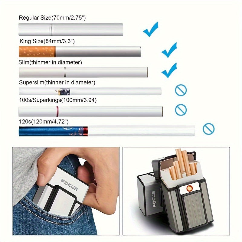 1-Pack 20pcs Cigarette Capacity Cigarette Box Lighter, Aluminum Cigarette Case with USB Rechargeable Lighter