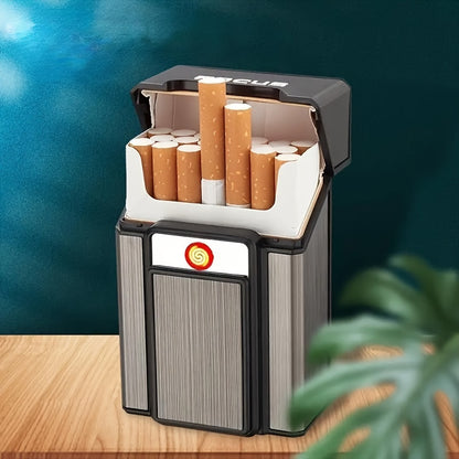 1-Pack 20pcs Cigarette Capacity Cigarette Box Lighter, Aluminum Cigarette Case with USB Rechargeable Lighter