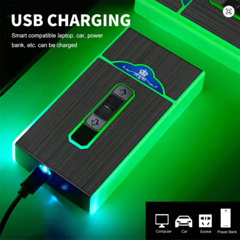 Creative Luminous Cigarette Case with USB Rechargeable Flameless Lighter, For 84mm regular size and 100mm slim