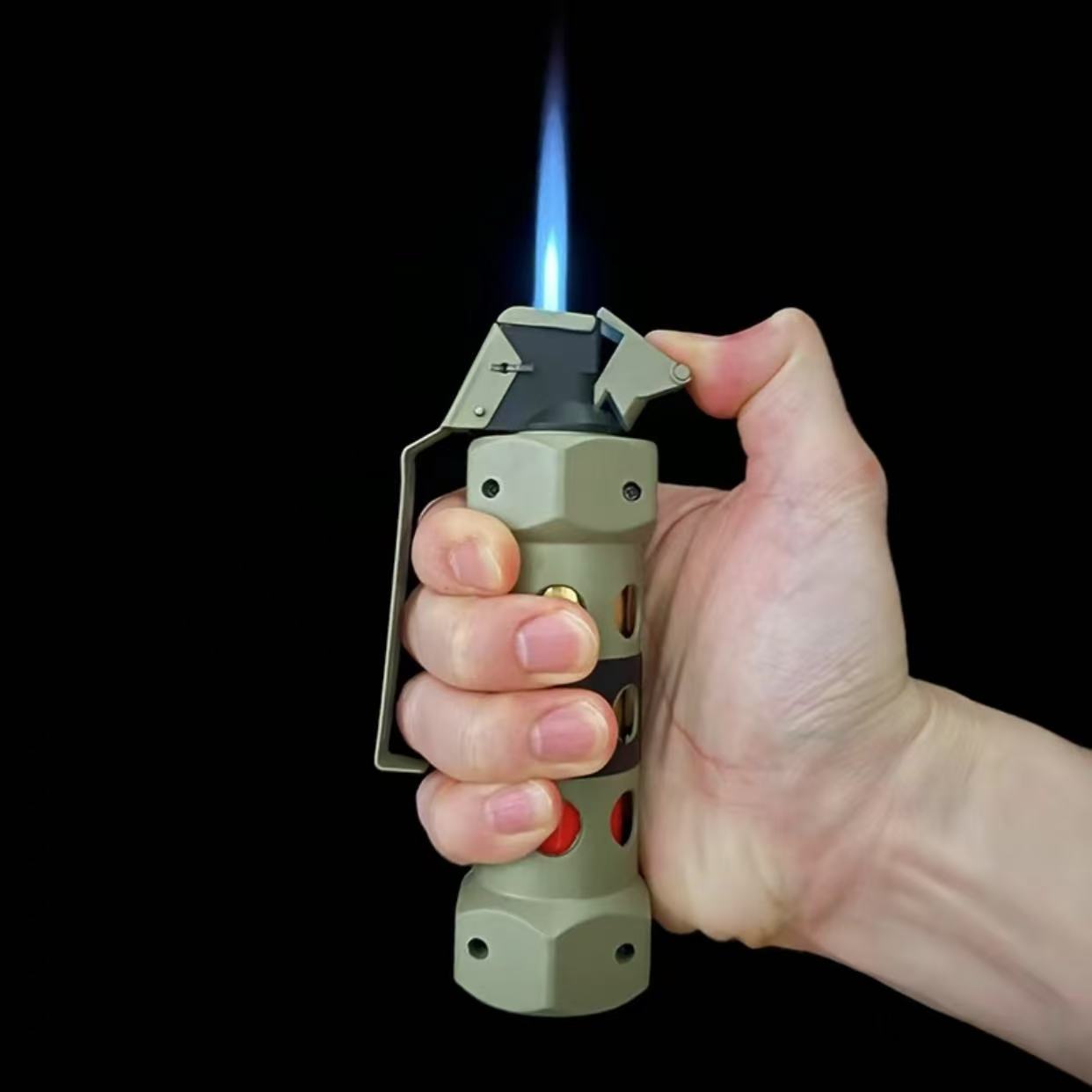 (Butane Gas Not Included) Windproof Refillable Butane Torch Lighter - Zinc Alloy, Military-Style Design with Blue Flame, Adjustable Flame, Perfect for Camping, BBQ
