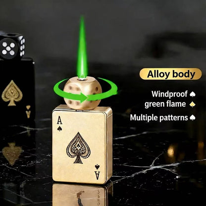 (No Butane Gas Included) Creative Playing Card Lighter with Rotatable dice, Novelty Green Flame Lighter, Windproof & Refillable
