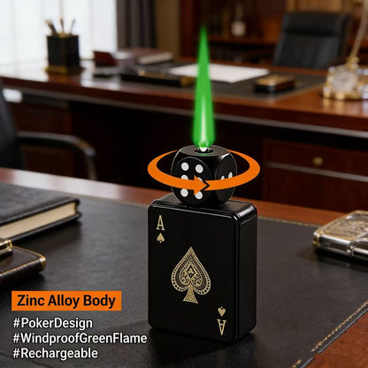(No Butane Gas Included) Creative Playing Card Lighter with Rotatable dice, Novelty Green Flame Lighter, Windproof & Refillable