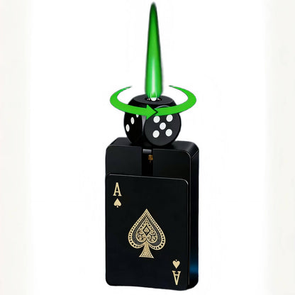 (No Butane Gas Included) Creative Playing Card Lighter with Rotatable dice, Novelty Green Flame Lighter, Windproof & Refillable