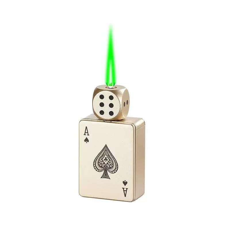 (No Butane Gas Included) Creative Playing Card Lighter with Rotatable dice, Novelty Green Flame Lighter, Windproof & Refillable