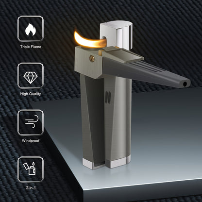 (Butane Gas NOT Included) 2-in-1 Dual Function Refillable Metal Torch Lighter, Foldable Handheld Torch Lighter